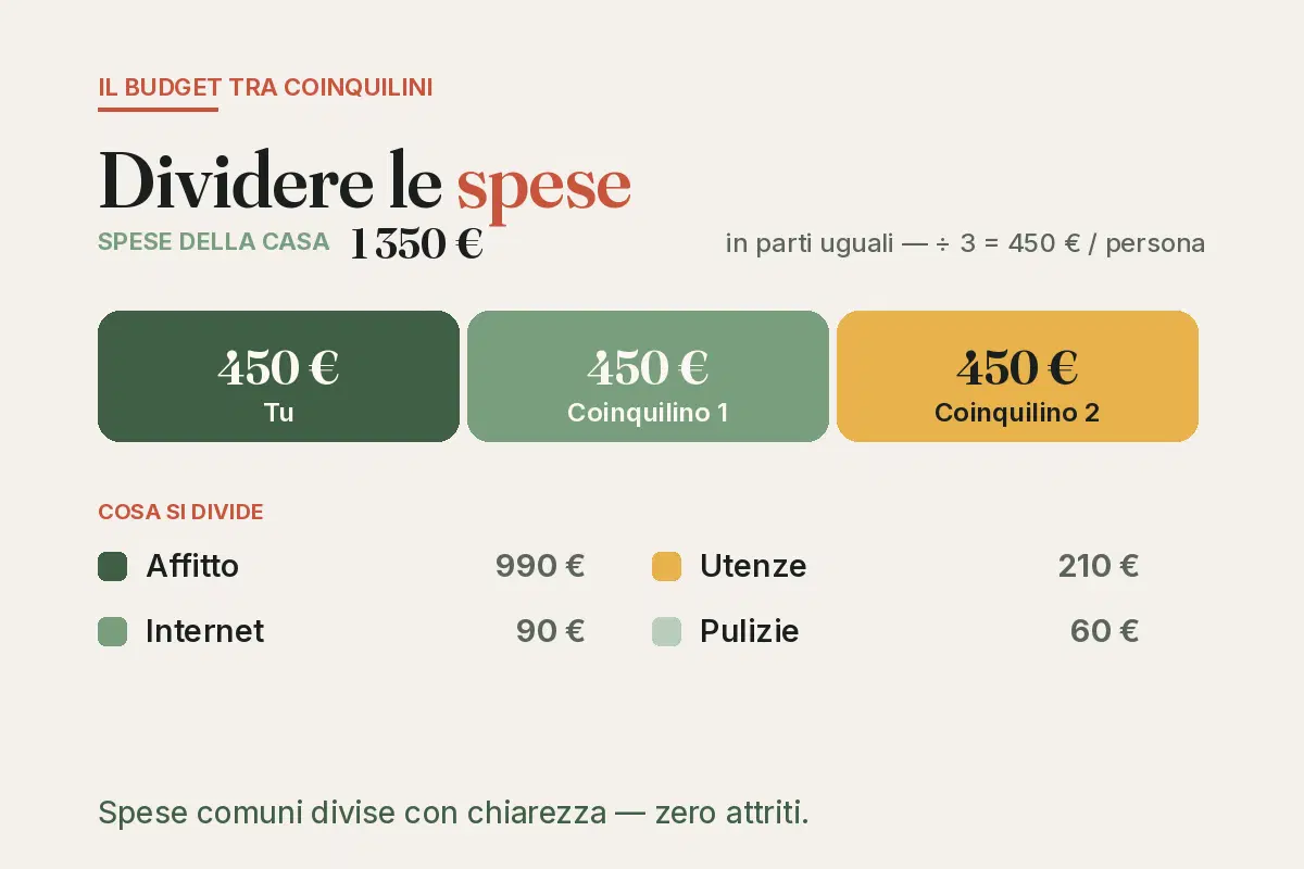 Schema del budget tra coinquilini: 1 350 € di spese divisi in 3 (450 € a testa) — affitto, utenze, internet, pulizie.
