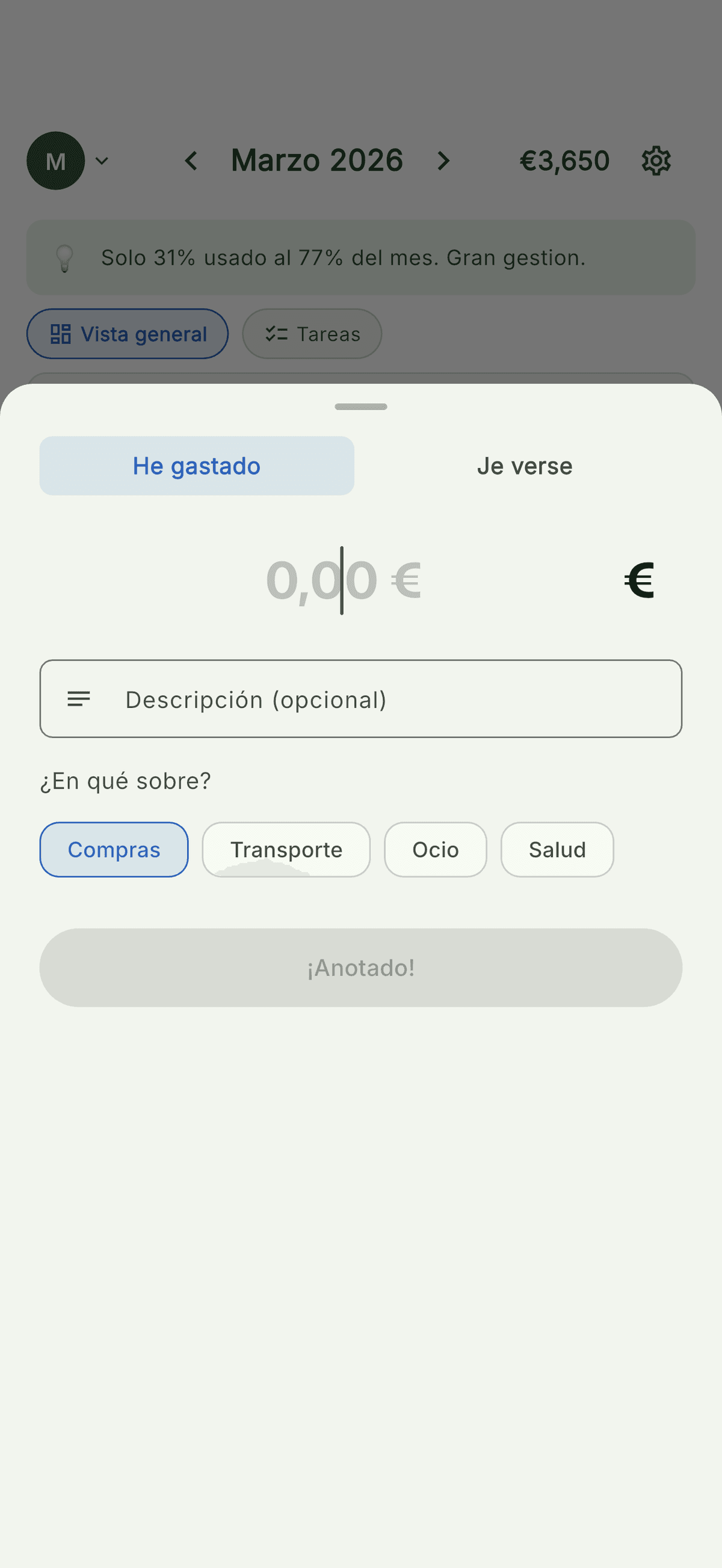 Añadir gasto: 3 segundos