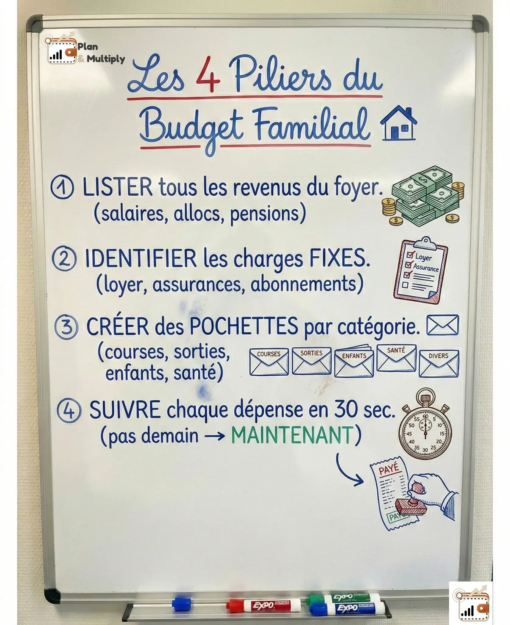 Les 4 piliers du budget familial : lister les revenus, identifier les charges fixes, créer des pochettes, suivre chaque dépense