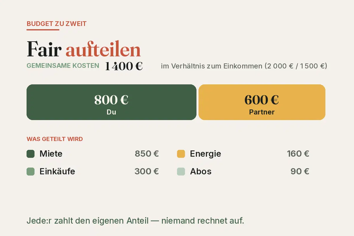 Paar-Budget-Schaubild: 1 400 € gemeinsame Kosten nach Einkommen geteilt — 800 € du, 600 € Partner.