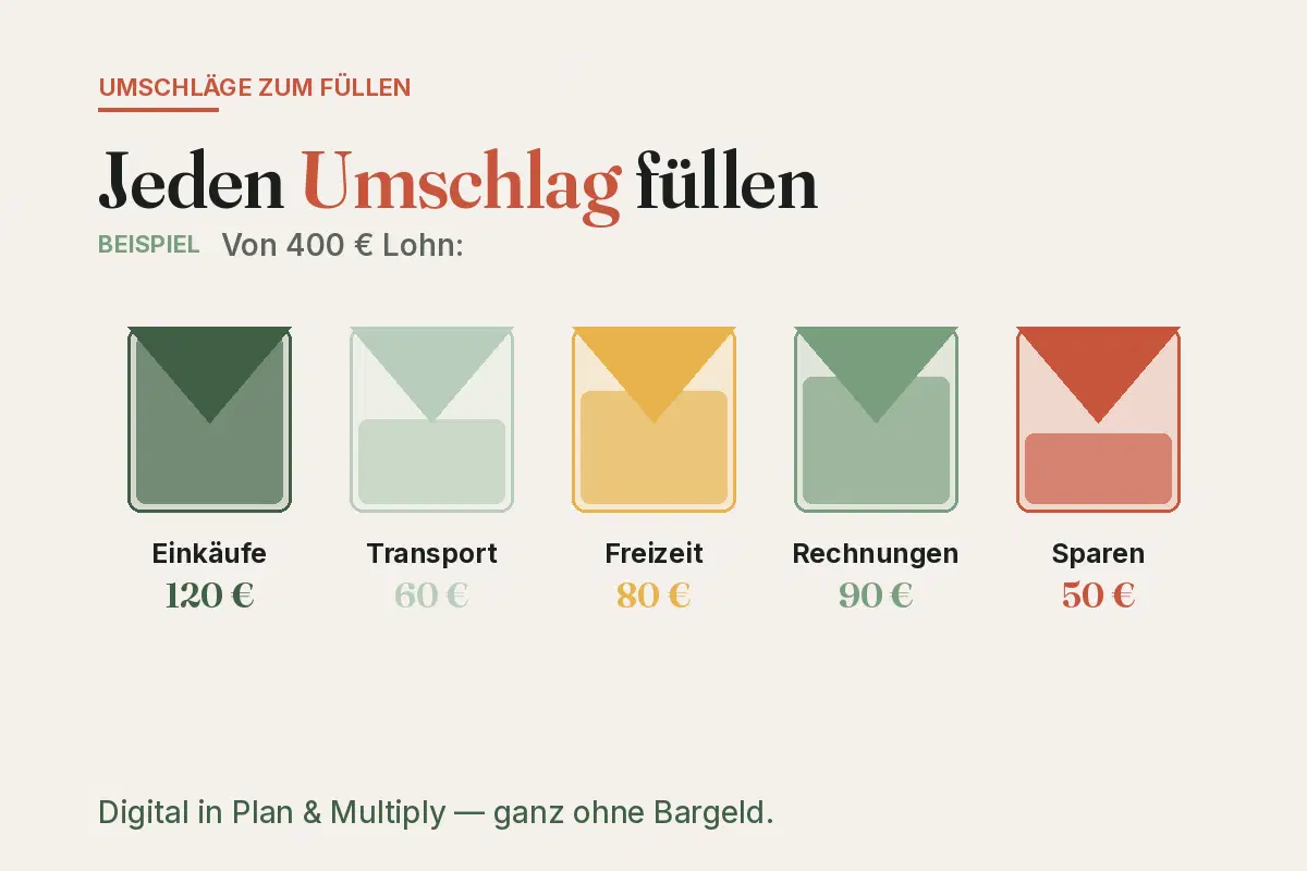 Cash-Stuffing-Schaubild: 400 € Lohn auf 5 Umschläge verteilt — Einkäufe 120 €, Transport 60 €, Sparen 50 €…