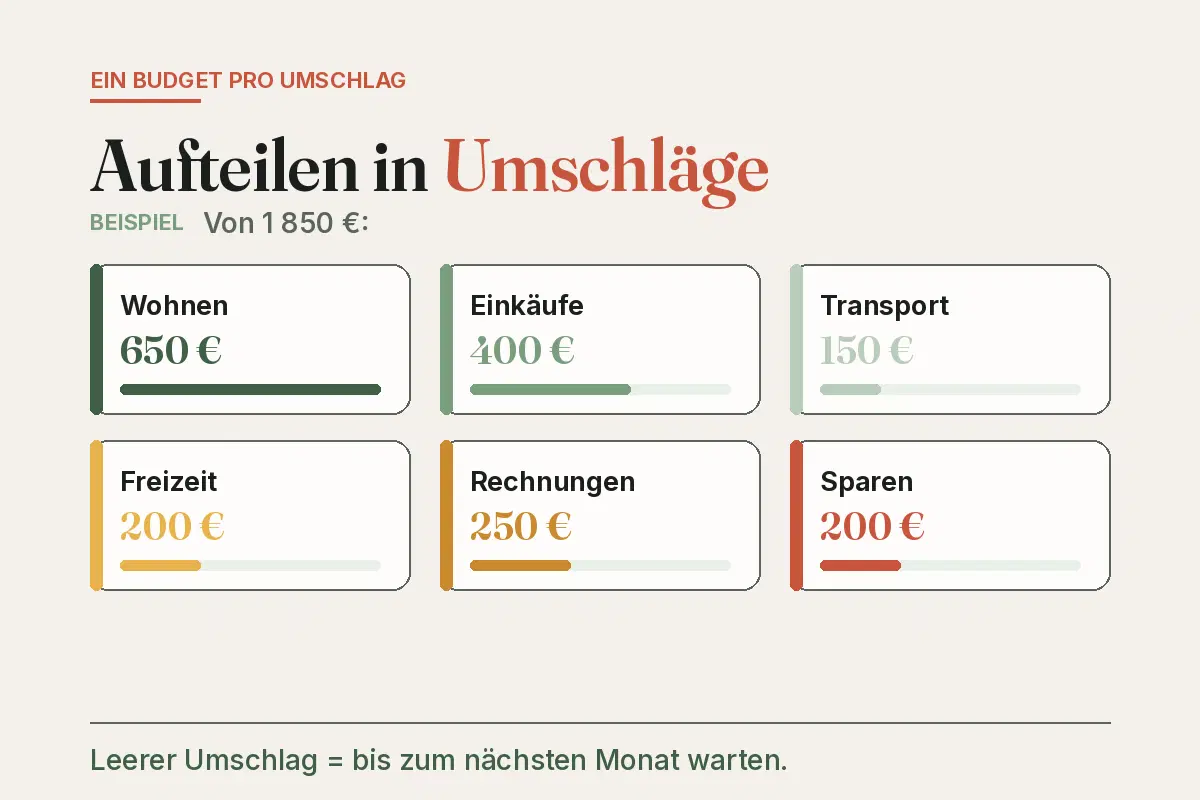 Schaubild der Umschlagmethode: 1 850 € auf 6 Umschläge verteilt — Wohnen 650 €, Einkäufe 400 €, Sparen 200 €…