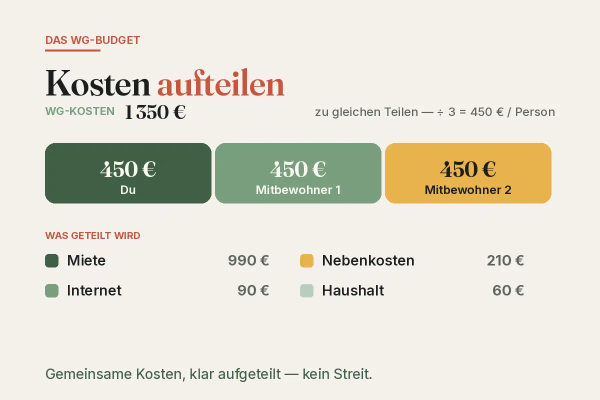 WG-Budget-Schaubild: 1 350 € Kosten durch 3 geteilt (450 € pro Person) — Miete, Nebenkosten, Internet, Haushalt.