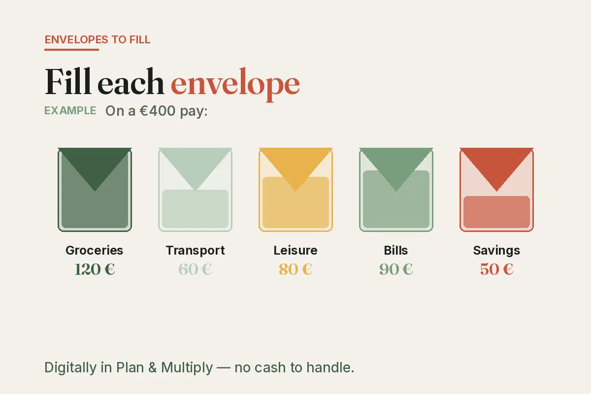 Cash stuffing diagram: a €400 pay split into 5 envelopes — groceries €120, transport €60, savings €50…