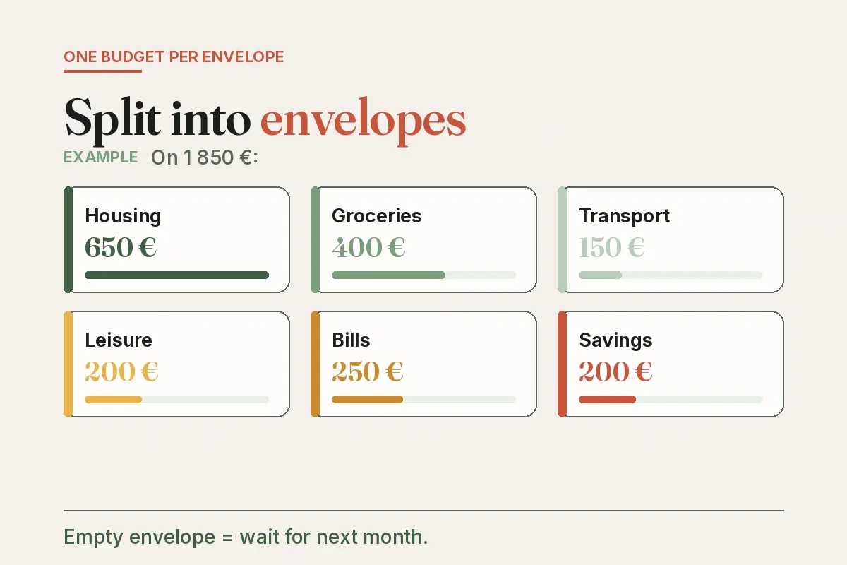 Envelope budgeting diagram: €1,850 split into 6 envelopes — housing €650, groceries €400, savings €200…