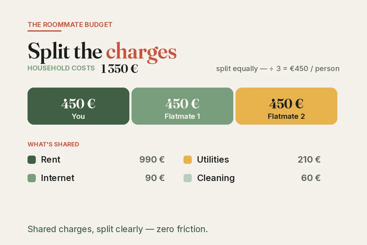 Roommate budget diagram: €1,350 of household costs split 3 ways (€450 each) — rent, utilities, internet, cleaning.