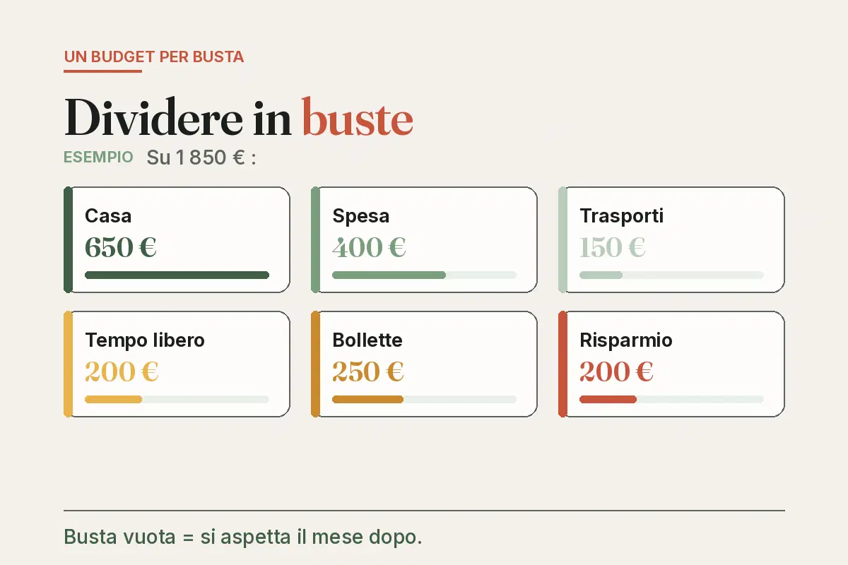 Schema del metodo delle buste: 1 850 € divisi in 6 buste — casa 650 €, spesa 400 €, risparmio 200 €…