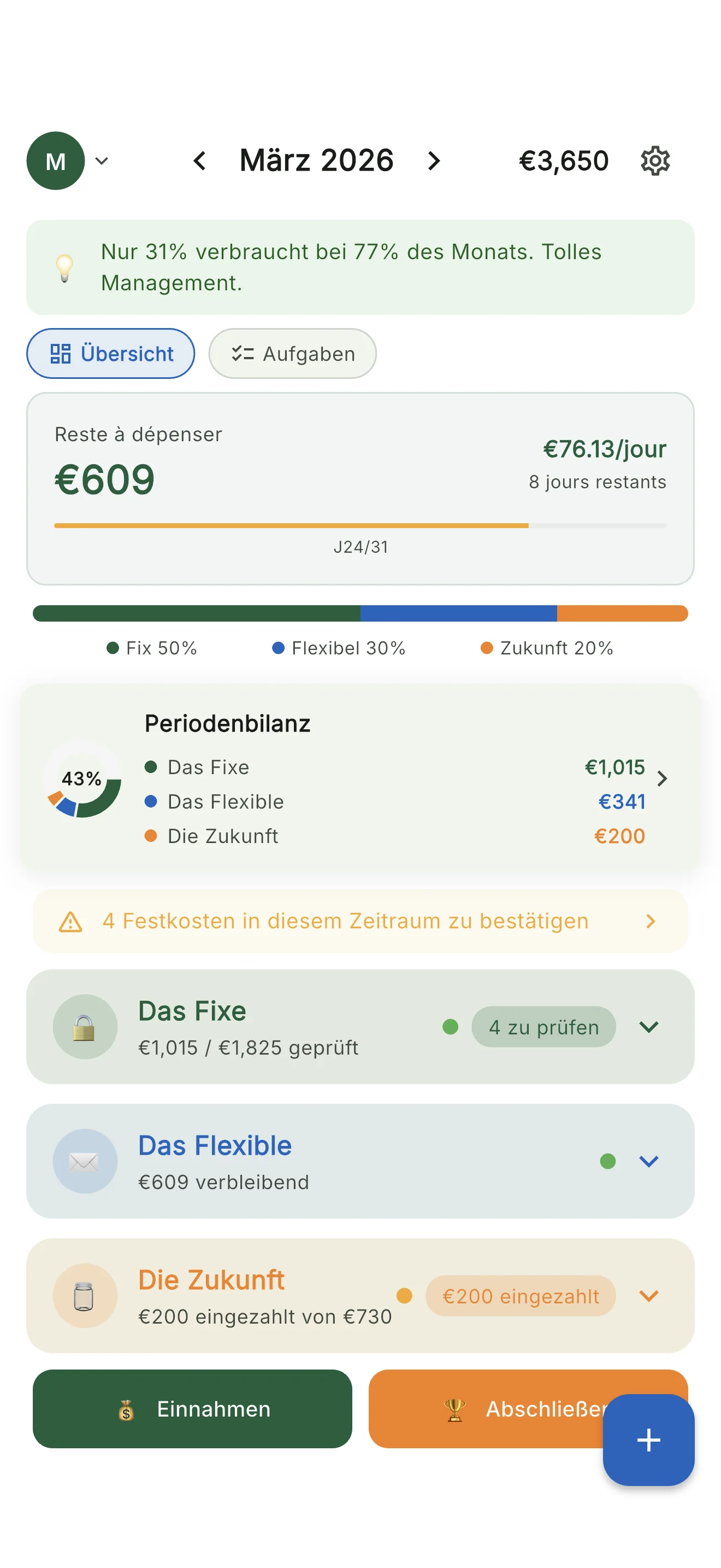Plan & Multiply - 3F-Methode Dashboard: Fest, Flexibel, Futur